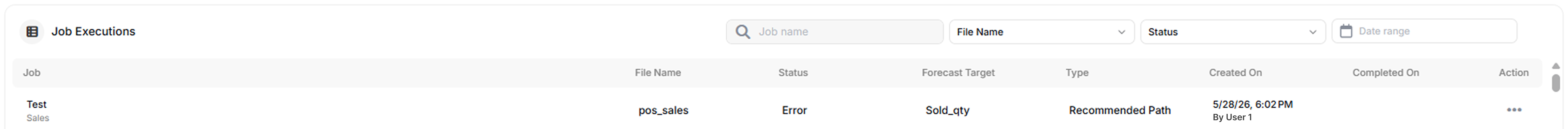 Job executions table showing status, file name, and forecast target details.